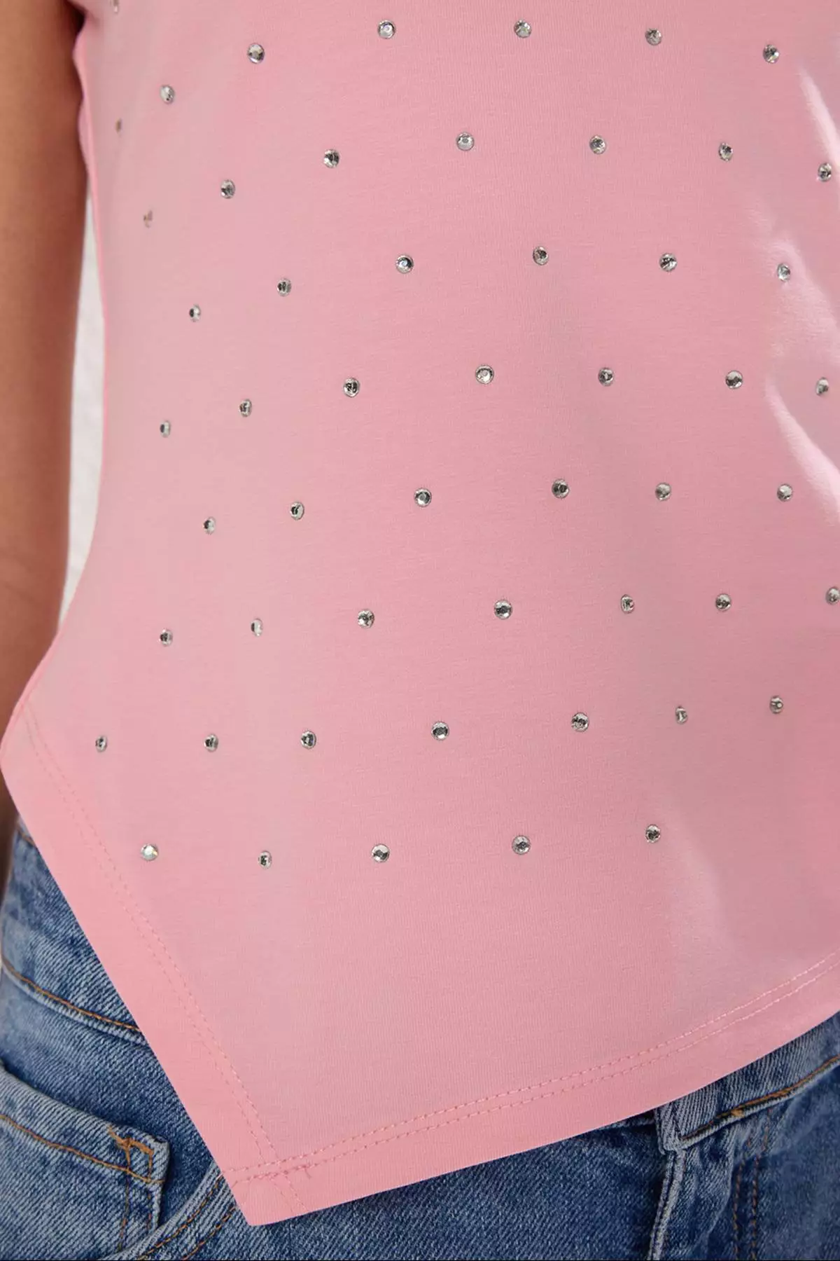 Pink Stone Asymmetric Fitted/Skin Fitting Knitted T Shirt