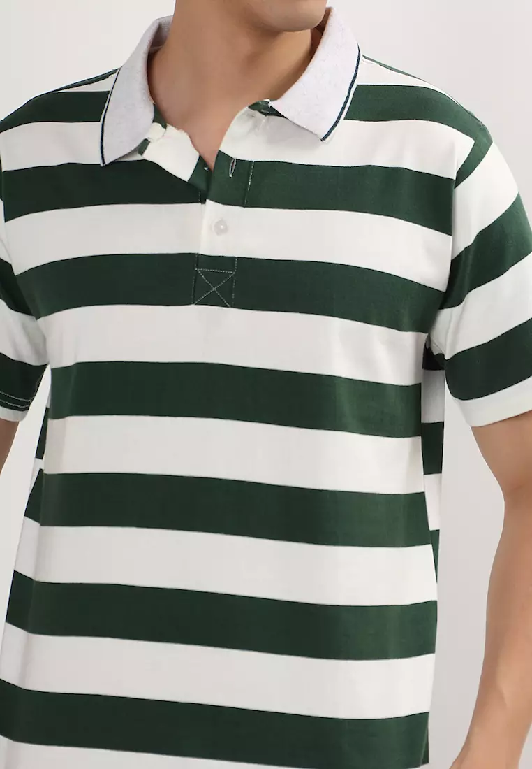 Mens Short Sleeve Green - White Stripe Cotton Rugby Polo Shirt/T-shirt,  Sports-Casual, Activewear