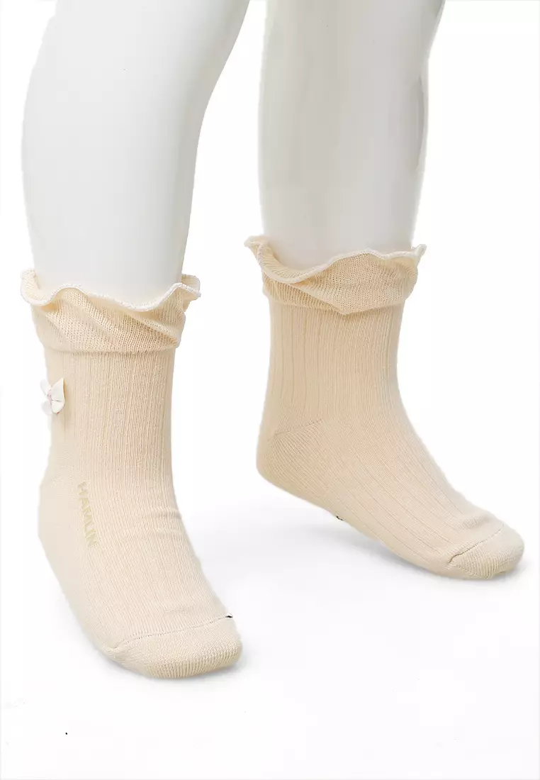 Candie Kaos Kaki Pendek Anak Wanita Bow Tie Ruffle Children's Socks Comportable Material Cotton ORIGINAL - Beige