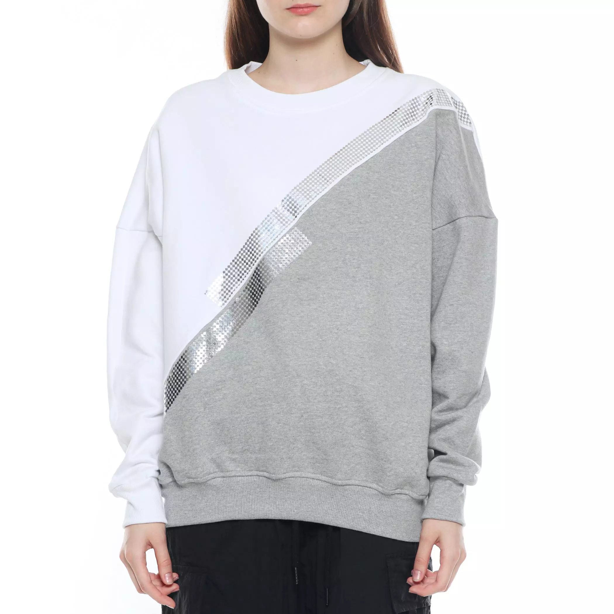 Enough For Today - Sweater Crewneck Oversize Wanita Boxy Kombinasi Warna Silang Warna Putih Abu Misty Sablon Foil Motif Diamonds
