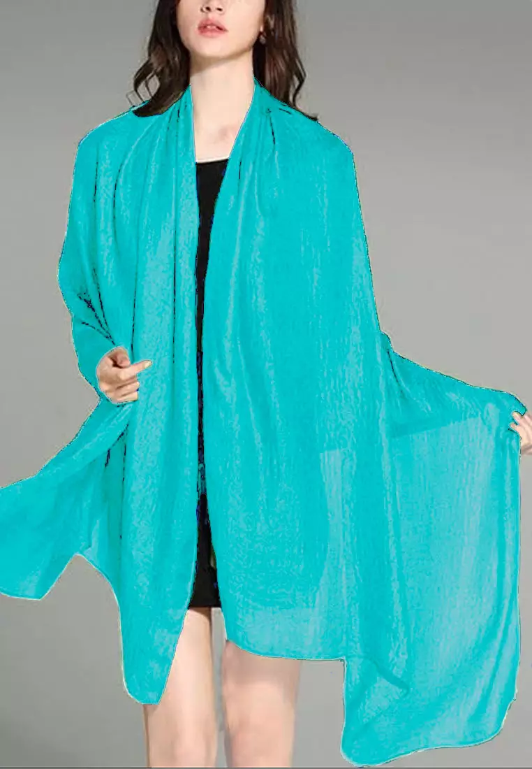 Women's Accessories Plain Silk-Feel Shawl Syal Wanita Sutra Polos Turqouise