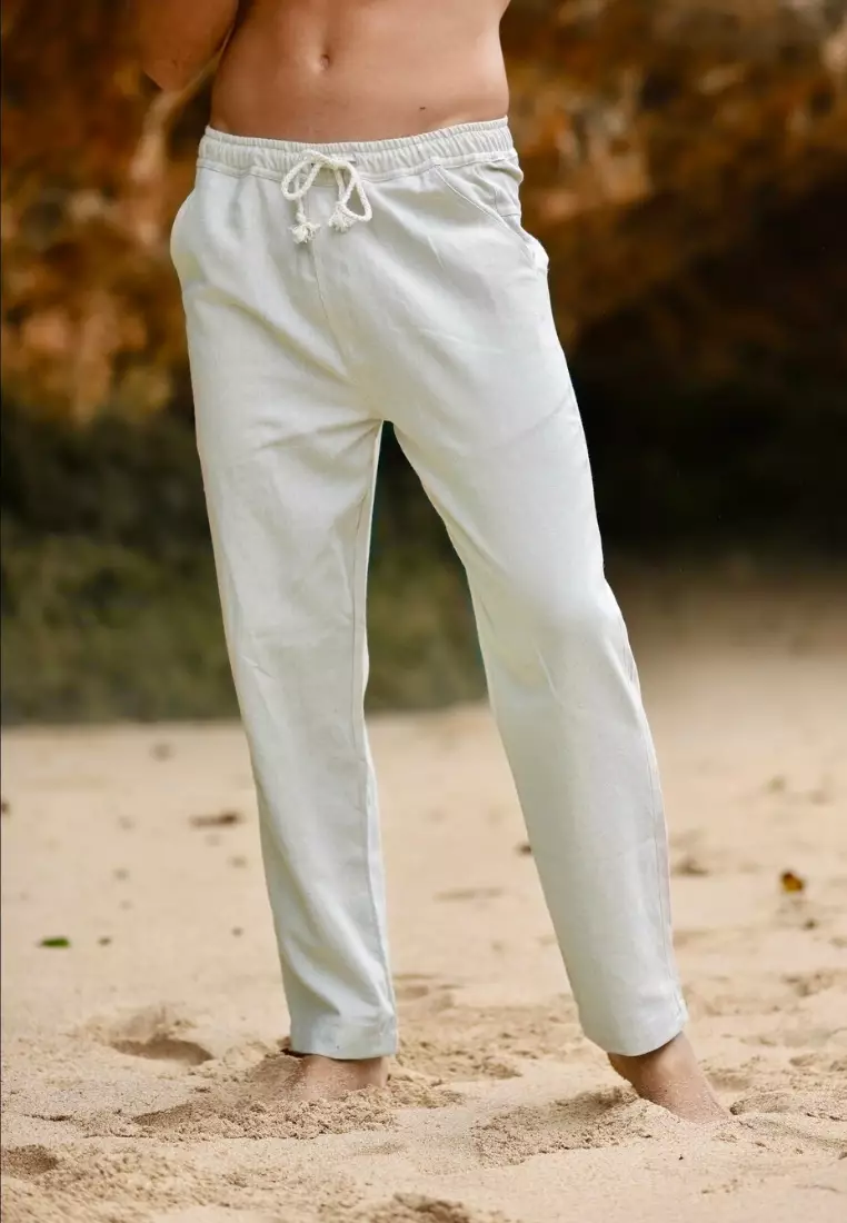 Hyams Celana Panjang Linen Pria Putih | Linen Long Pants Men White