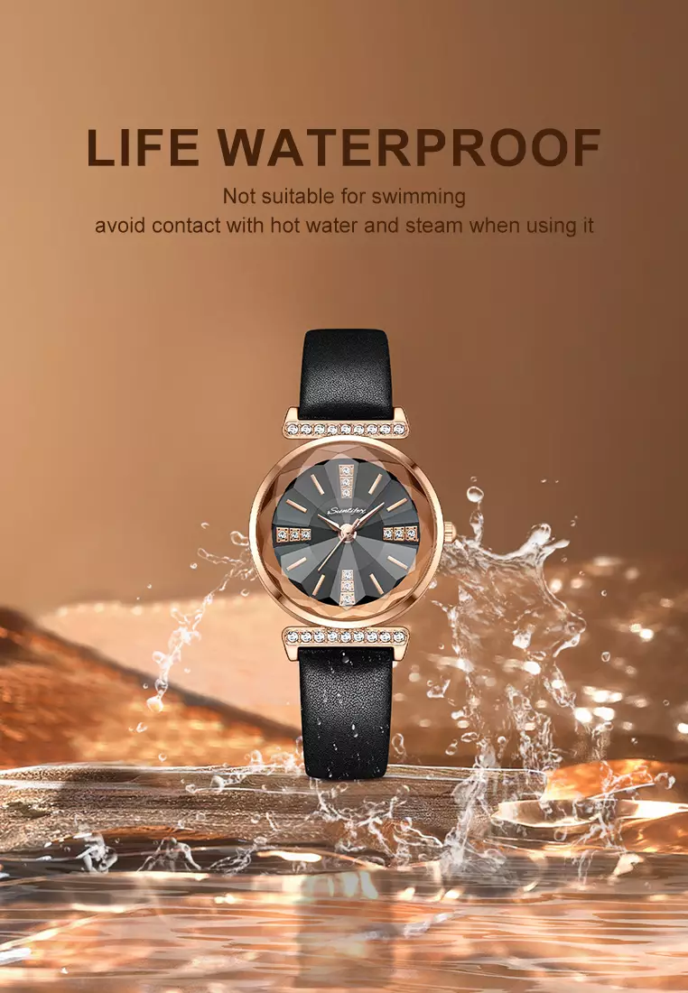 Jam Tangan Wanita Berlian Anggun Gaya Antik Tali Kulit Original Jam Tangan Cewek 8008 allblack