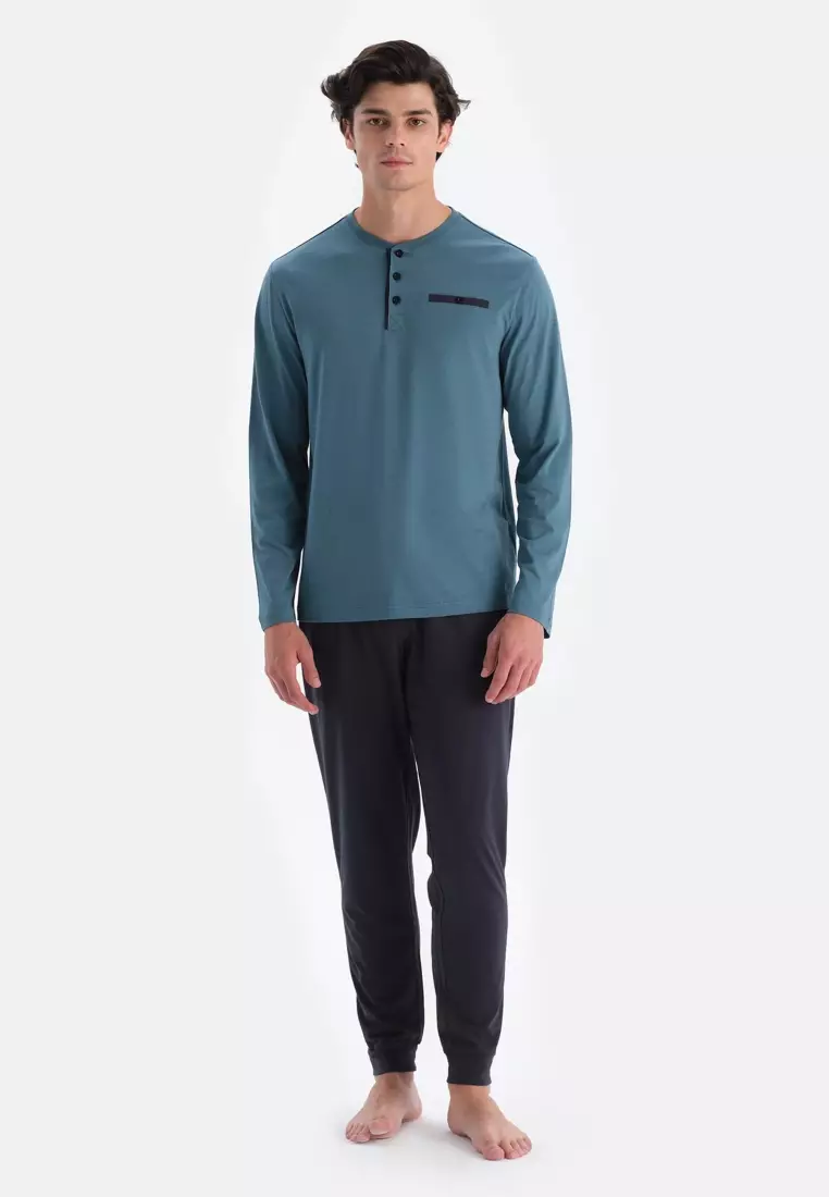 Blue T-Shirt & Trousers Set, Crew Neck, Regular Fit, Long Sleeve Sleepwear for Men