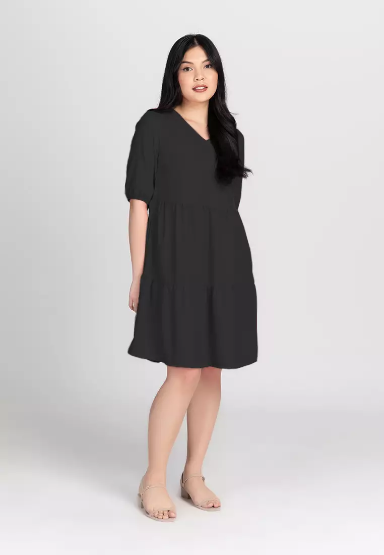 Black Stretch Woven Contrast Tiered Shift Dress