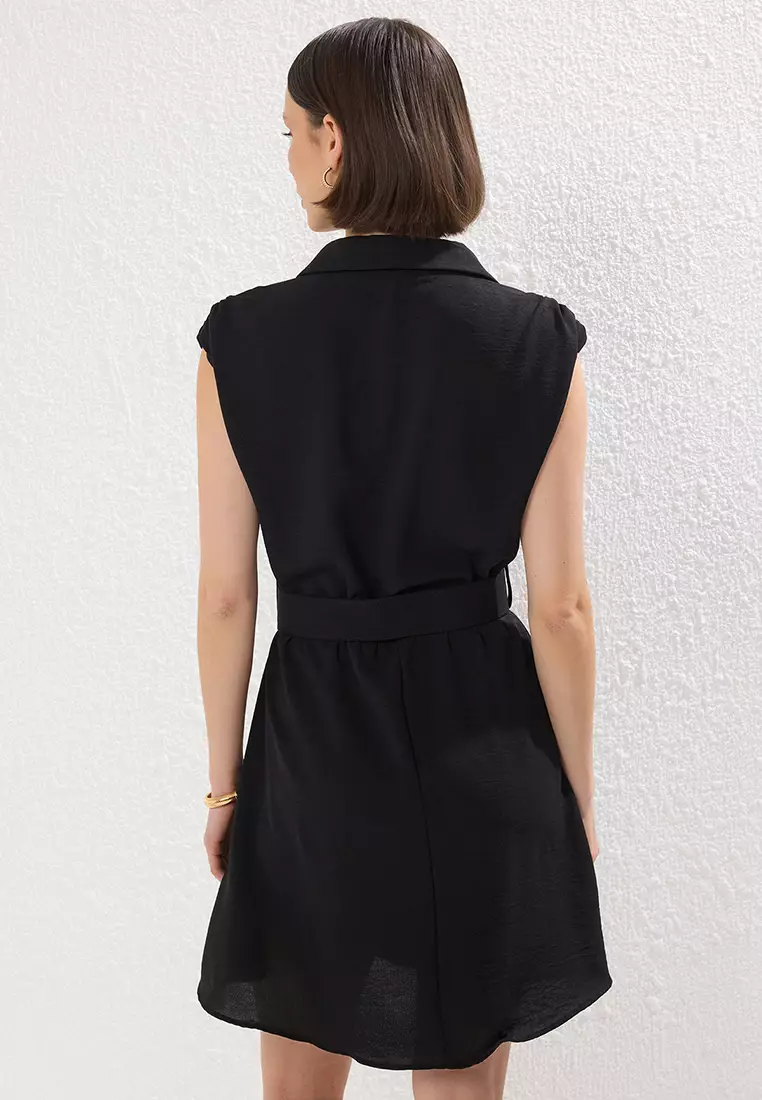 Black Belted Plain A Cut Half Placket Mini Woven Dress TWOSS25EL00551