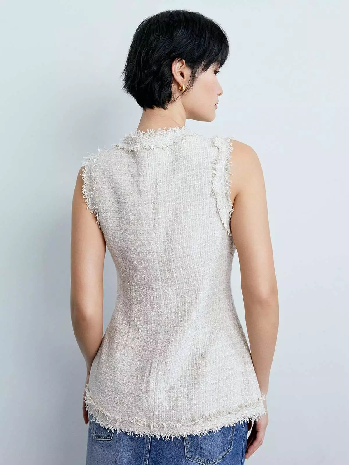 Tweed Frilled Hem Vest - Beige