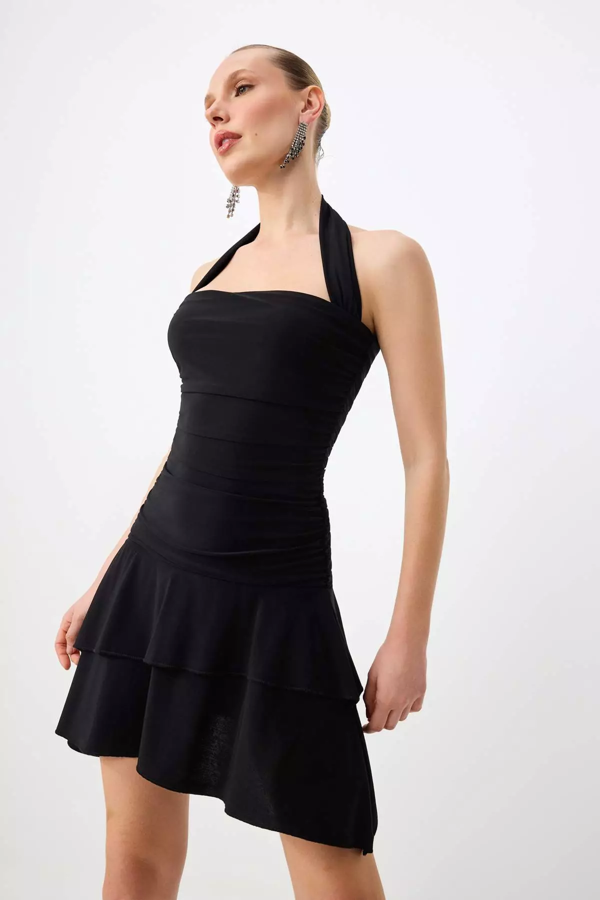 Black Plain Gathered/Draped Knitted Sandy Short/Mini Lined Stylish/Evening Dress
