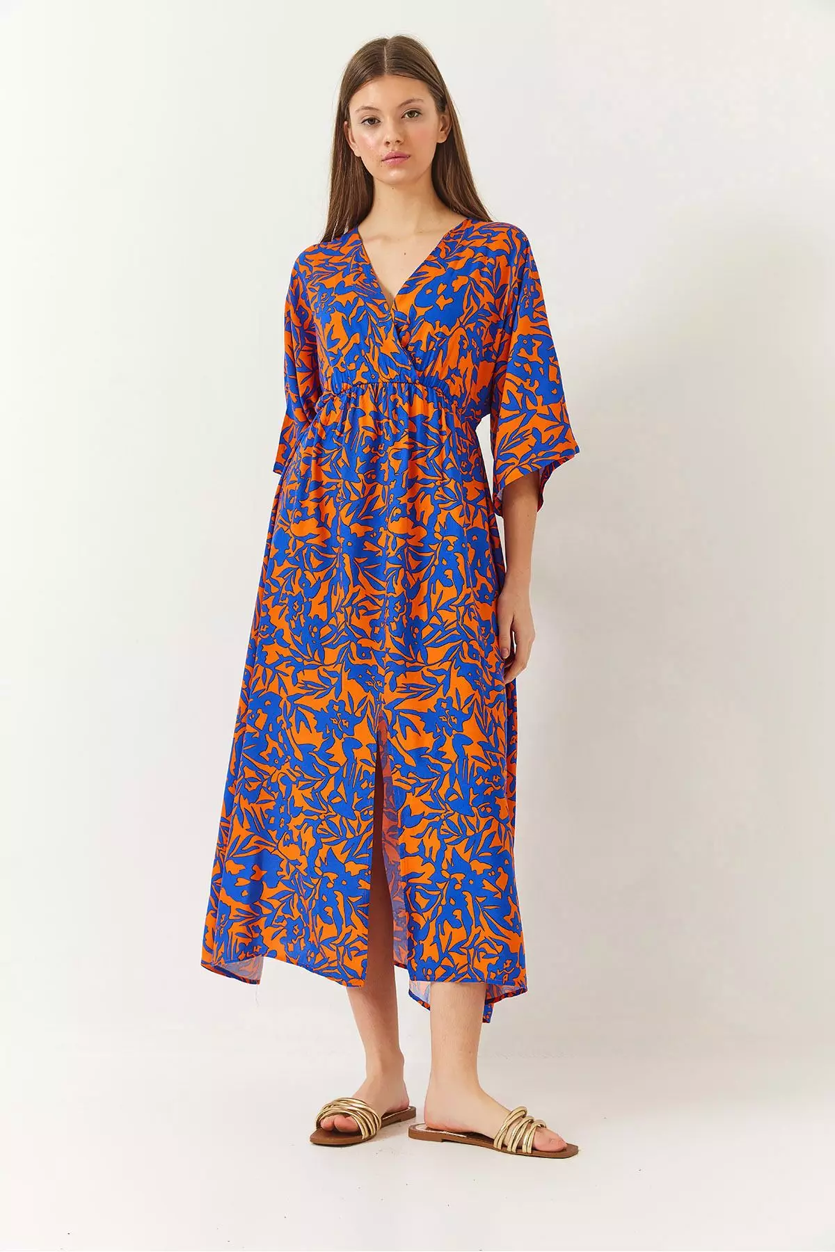 Women's Double Breasted V Neck Front Slit Detail Print Dress 60261411