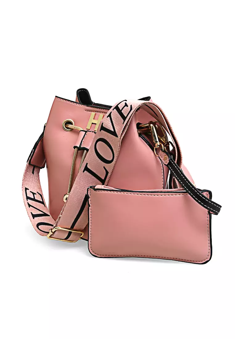 Frede 2In1 Tas Selempang Wanita Model Serut with Long Wallet Material Leather ORIGINAL - Pink