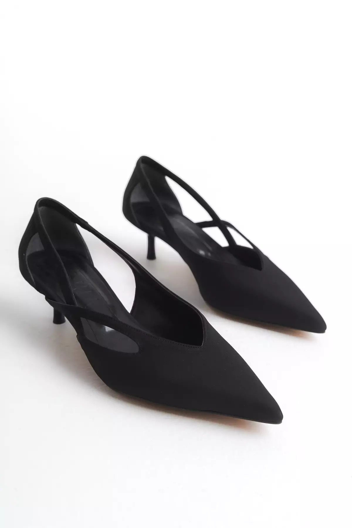 Black Cut Out Detailed Satin Pointed Toe Women's Kitten Heels Shoes Takss25To00079
