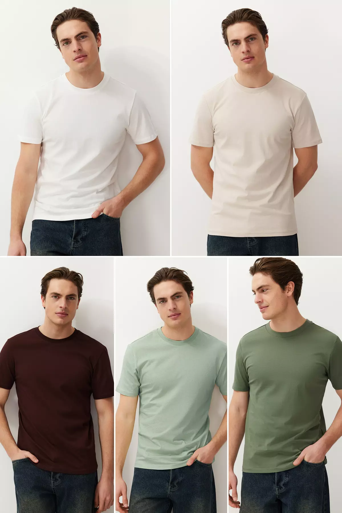 Unisex Mint-Khaki-Brown Slim/Fitted Fit 5 Pack 100% Tok Fabric T-Shirt Tmnaw20Ts0243