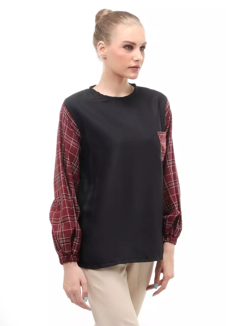 Shana Blouse Dual Tone Color Lengan Puff Atasan Wanita - Garnet