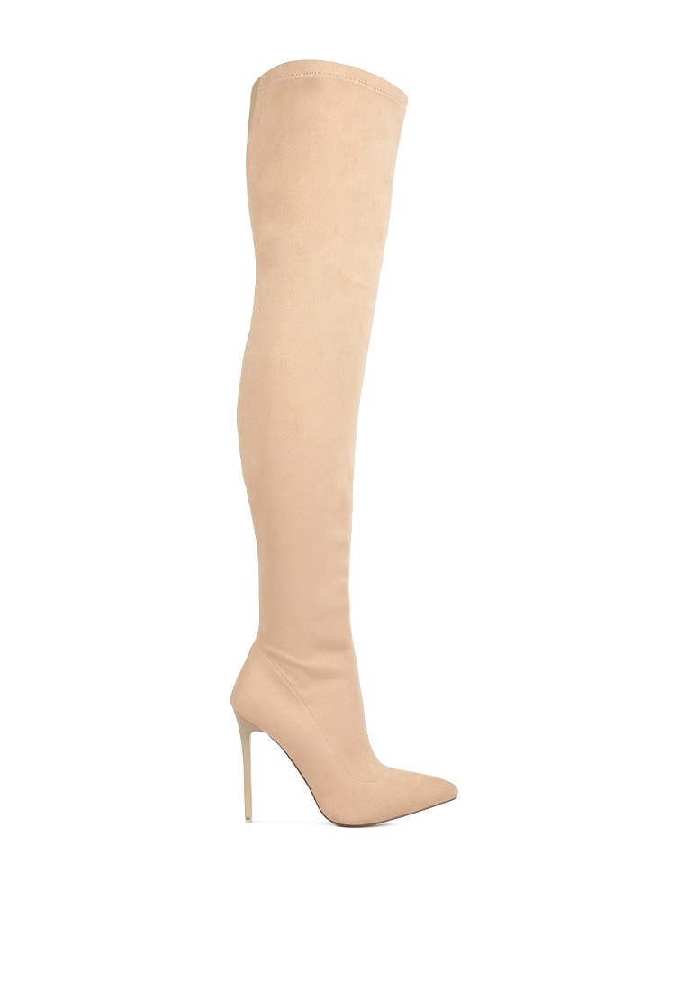 Beige Stretch Faux Suede Stiletto Long Boots