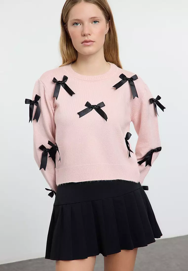 Pink Soft Textured Ribbon/Bow Detailed Knitwear Sweater TWOAW25KZ00155