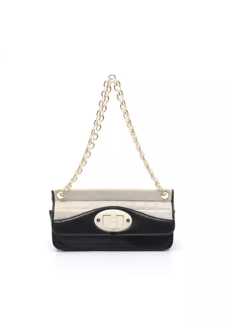 Buy Chanel Pre-loved CHANEL 2.55 chocolate bar W chain shoulder bag  lambskin black white gold hardware turn lock Online