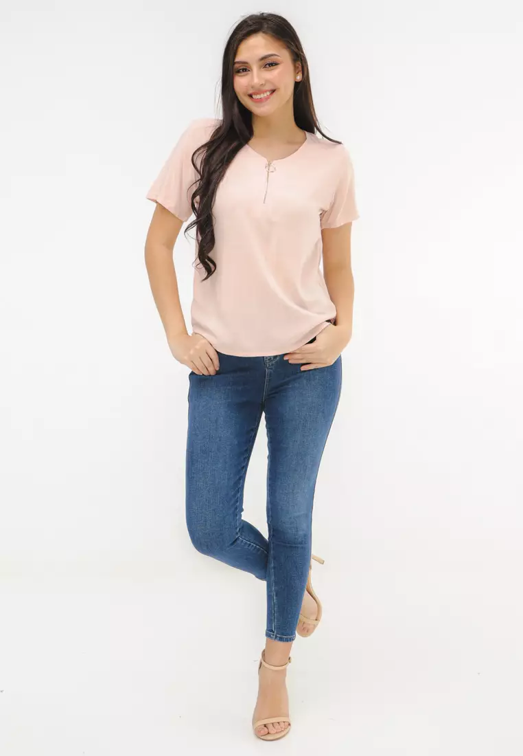 Woven Plain Rayon Short Sleeves Blouse