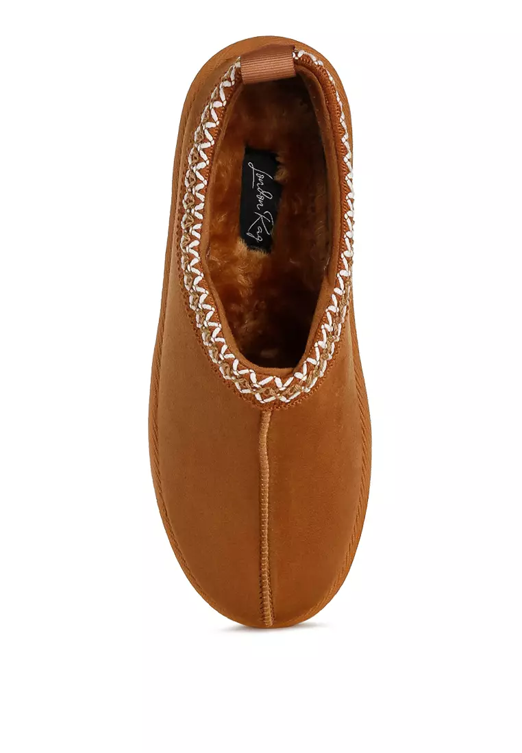 Tan Embroidered Platform Fur Classic Slip-On