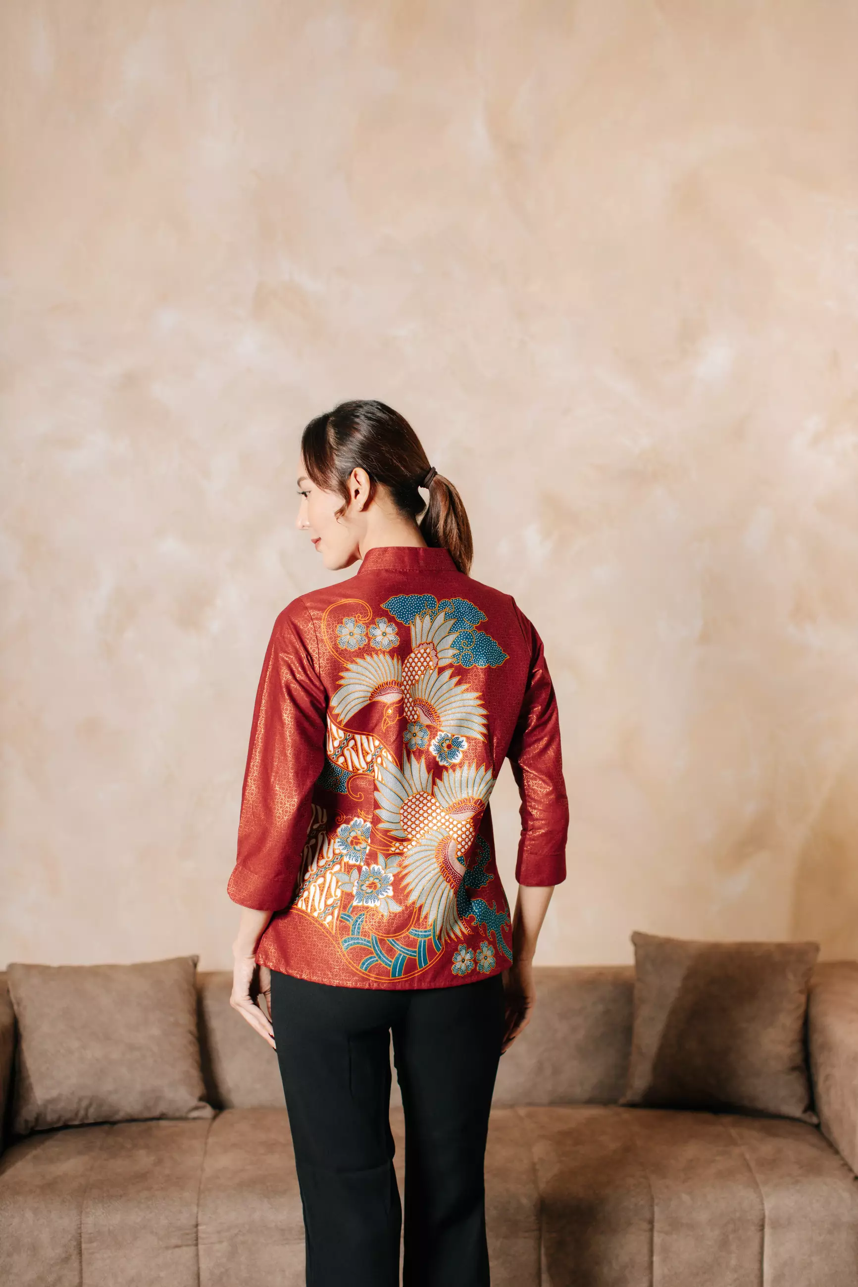 Jinara Red Blouse Batik Wanita Janggan Tricott Katun Foil