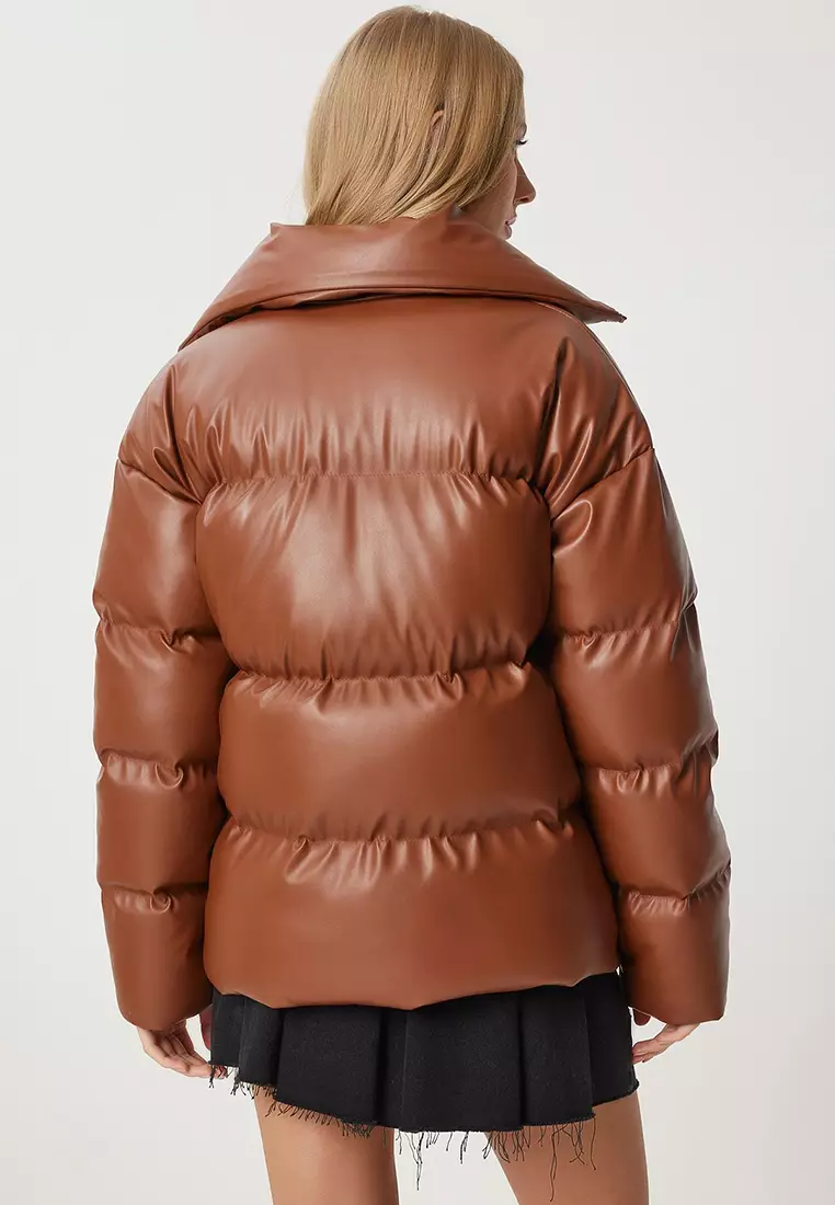 Stand Collar Faux Leather Puffer Coat