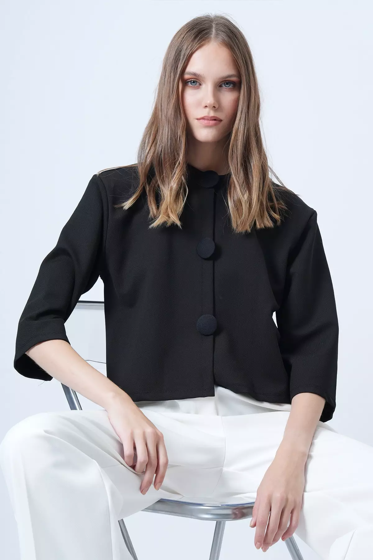 Black Coated Buttoned Crew Neck Special Design Crop Jacket Alc-X14647