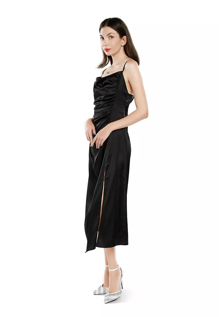 Black Ruched Detail Slit Slip Dress