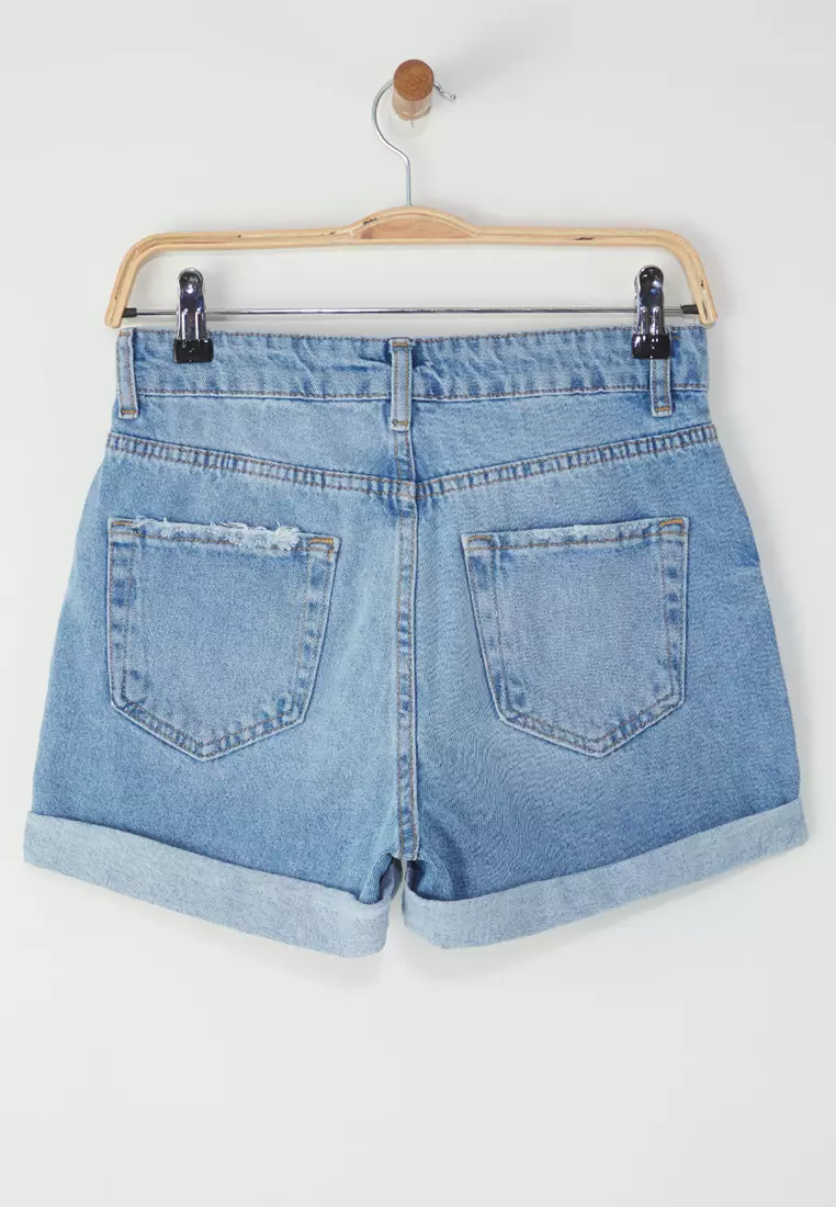 Blue High Waist Folded Mini Denim Shorts TWOSS25SR00170