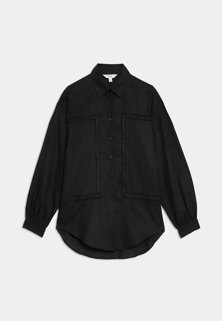 Linen Rich Collared Lace Insert Shirt