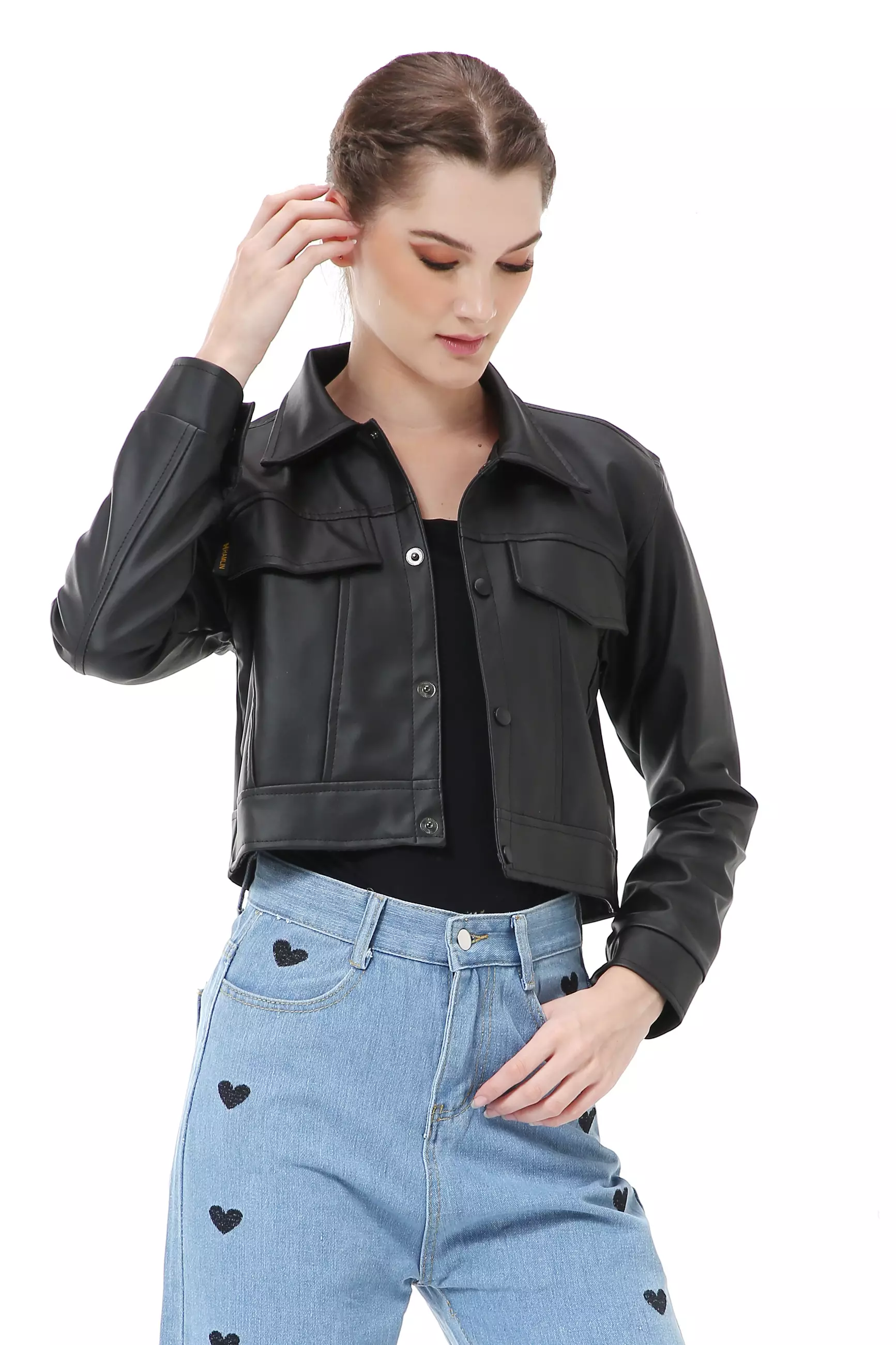 Poppy Outerwear Wanita Jaket Kulit Crop Oversize Big Pocket Material Leather ORIGINAL - Black