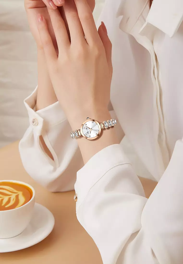 Jam Tangan Wanita Korea Elegan Tali Gelang Berlian Anti Air Jam Tangan Cewek Original rosewhite