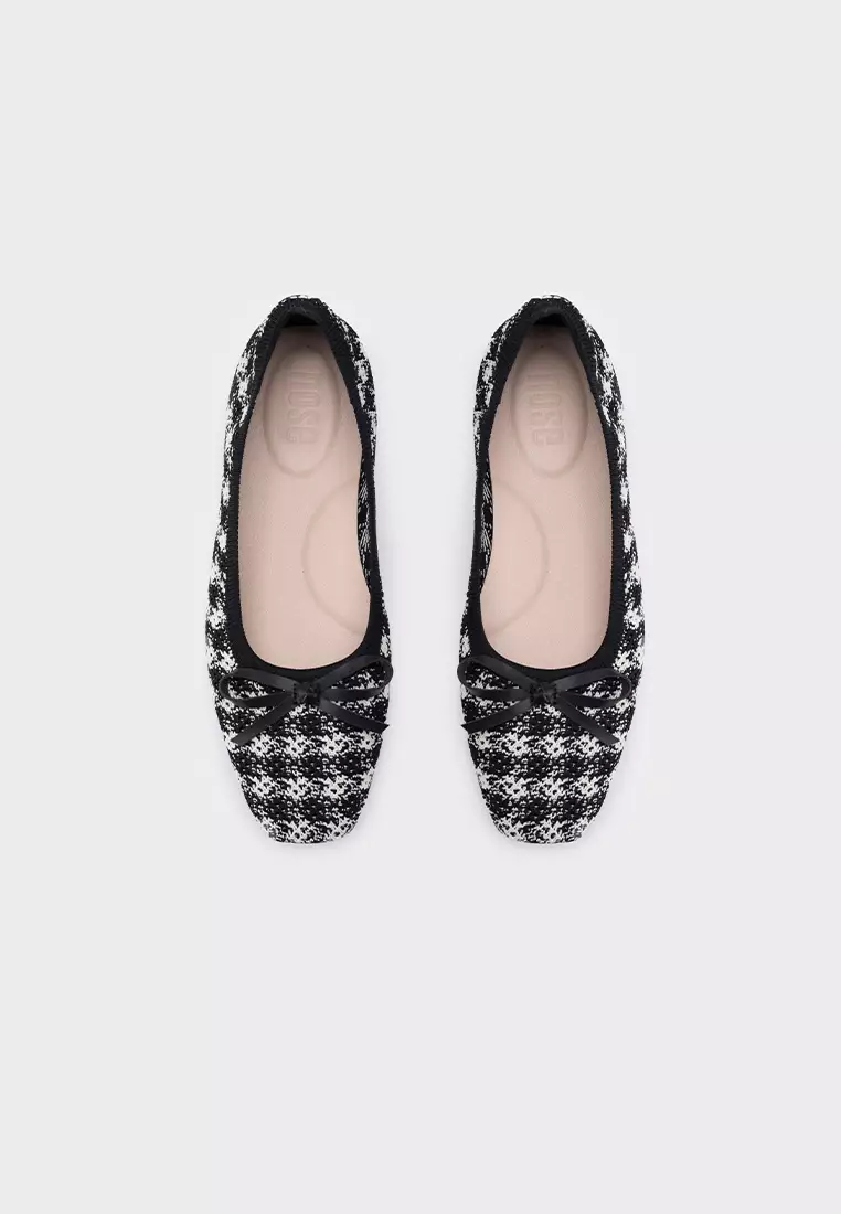 HOUNDSTOOTH FLAT BALLERINA WITH RIBBON DETAIL飞织法式粗花平底芭蕾鞋