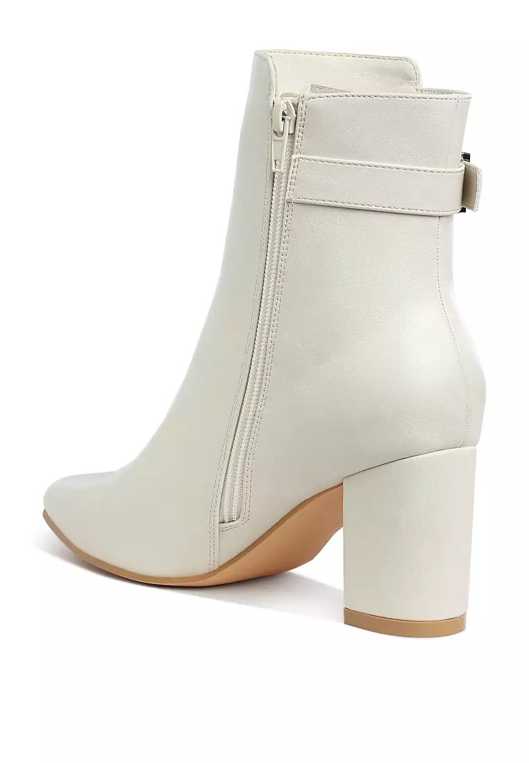 Belt Detail Block Heel Boots in Off White