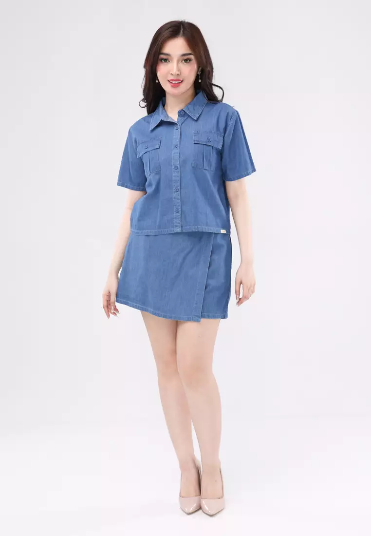 Chambray Short Sleeves Blouse/Skort Terno