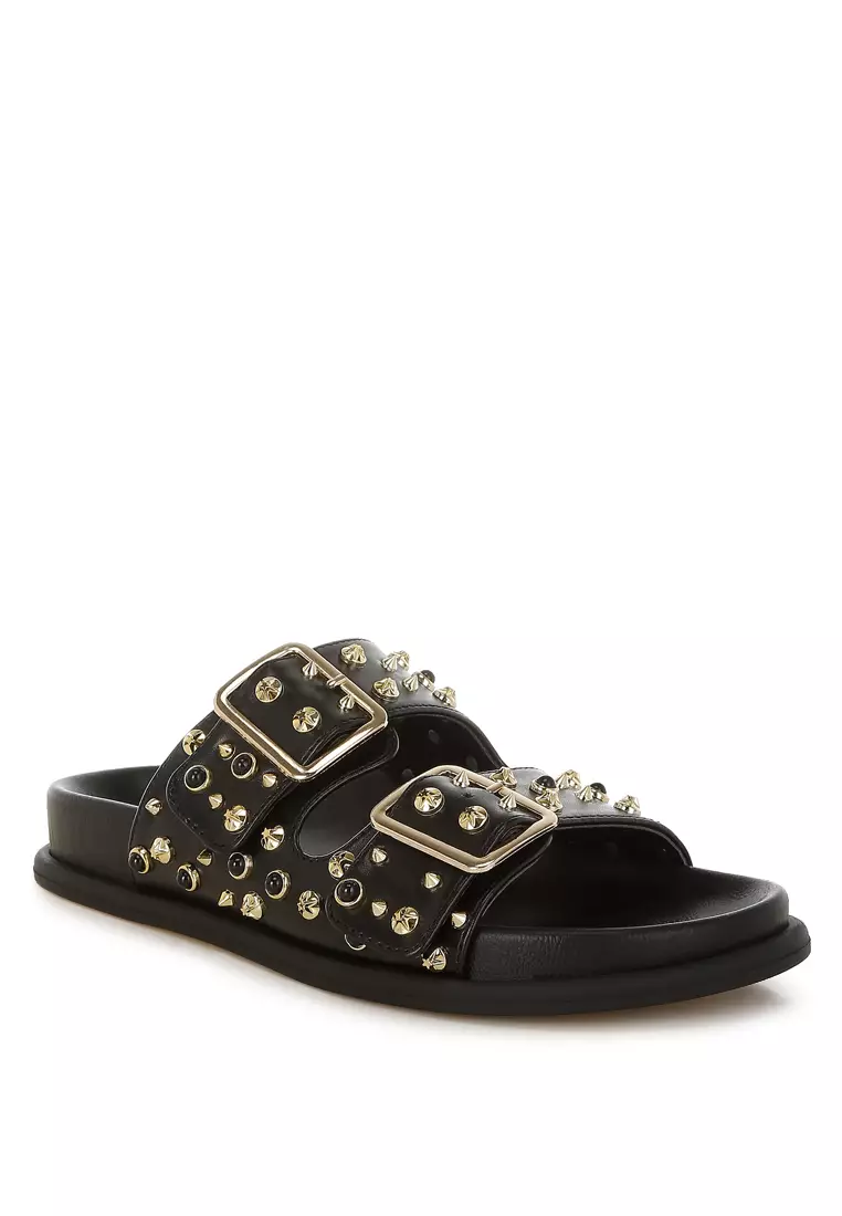 Metallic Stud Embellished Sliders In Black