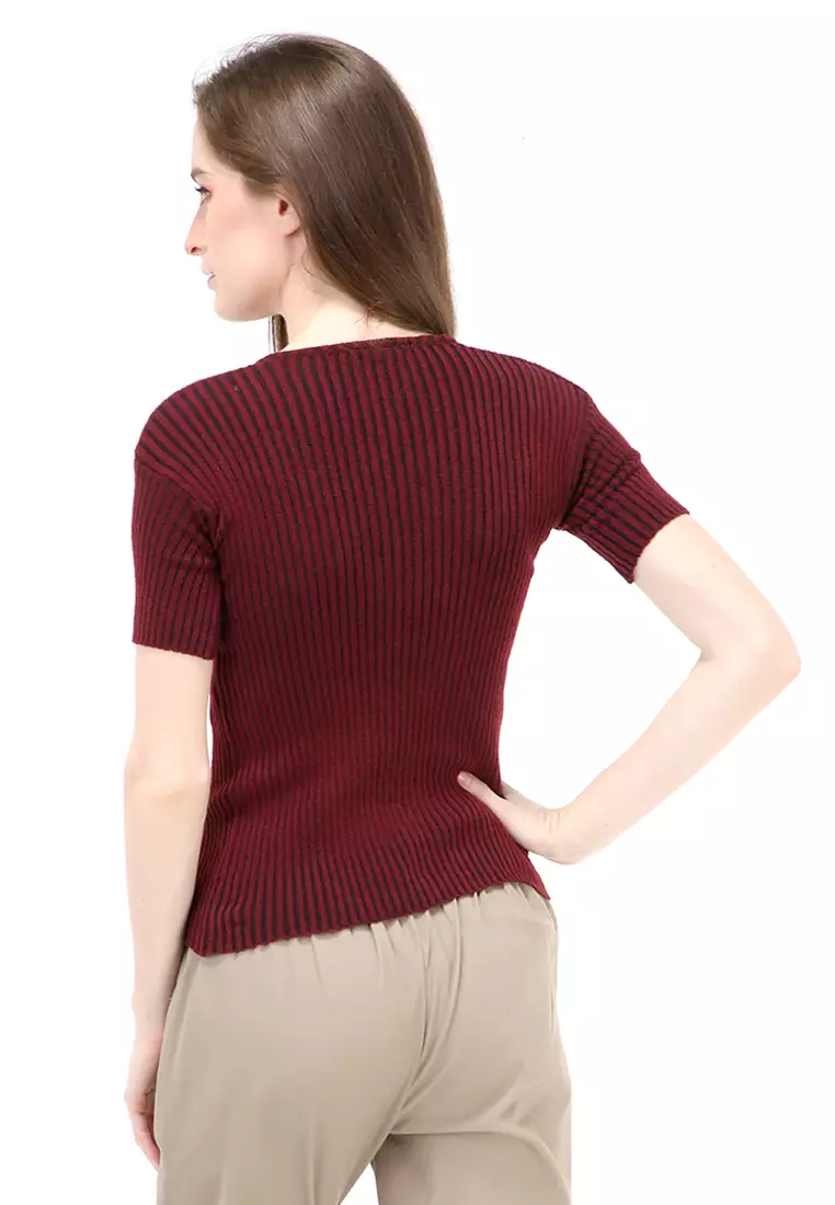 Amora Vneck Rajut Short Sleeves Atasan Casual Wanita - Maroon