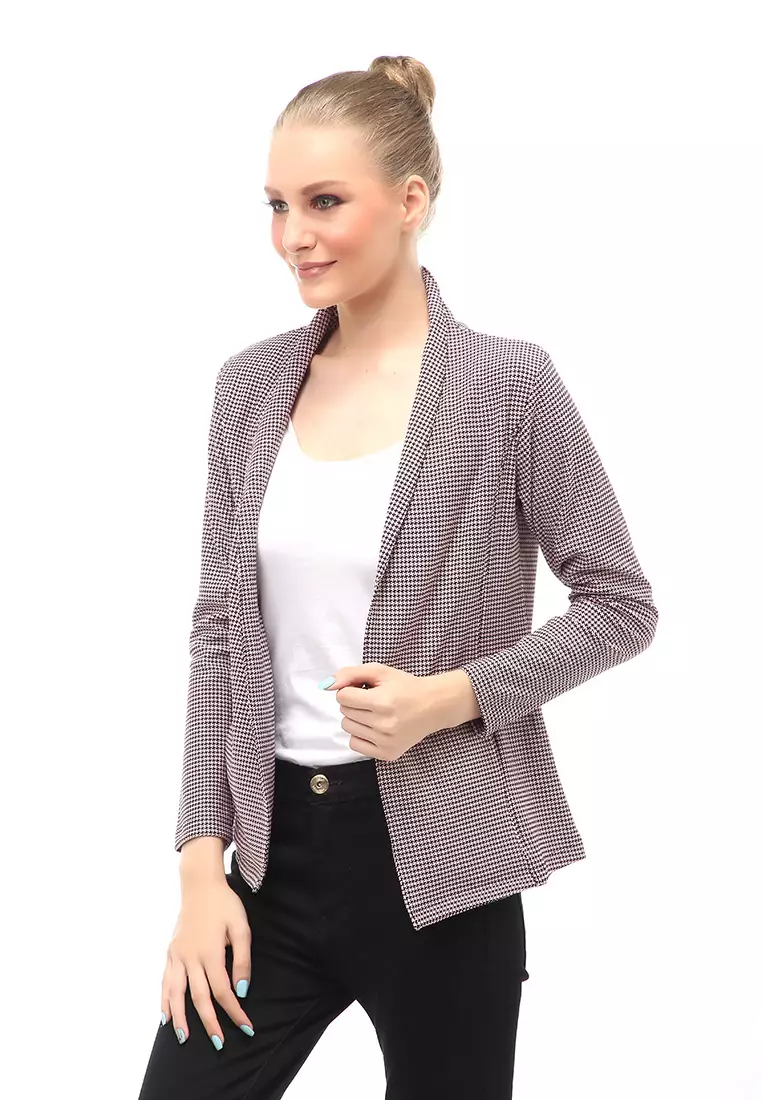 Blazer Wanita Lengan Panjang Outerwear Motif Kotak-Kotak Design Casual - Pink