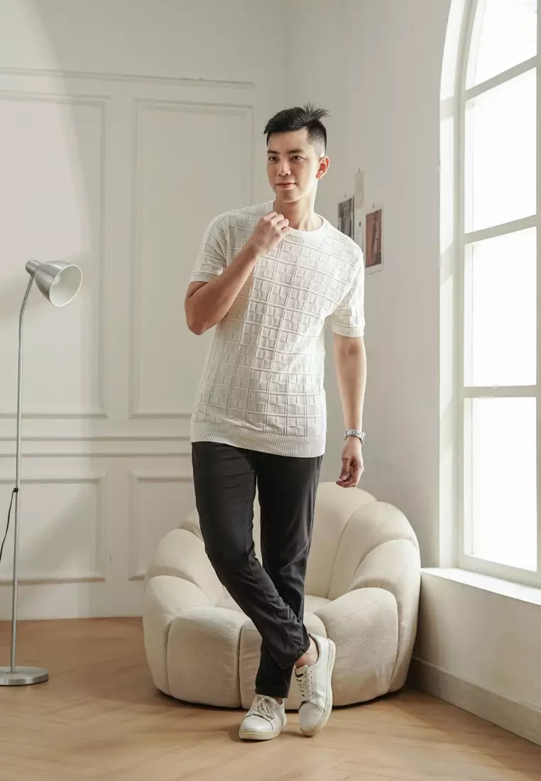 Kale Scott White / Kaos Rajut Premium Pria Lengan Pendek Motif
