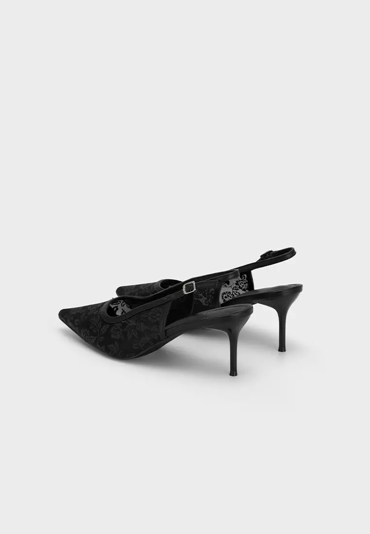 MESH FLORAL SLINGBACK HIGH HEEL PUMP