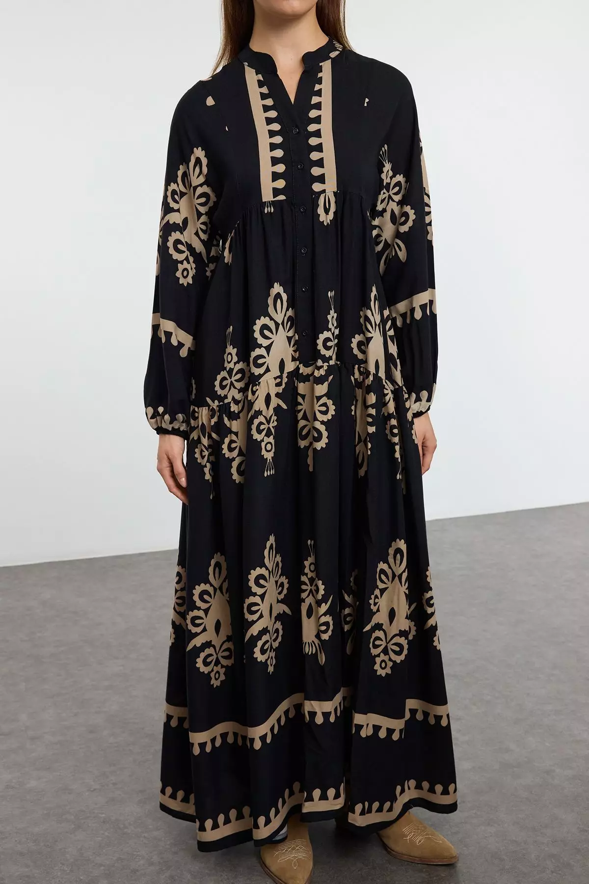 Black Authentic Patterned Viscose Woven Dress TCTSS24EB00221