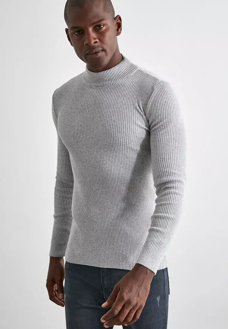 Gray Fitted Cotton Half Turtleneck Plain Knitwear Sweater Tmnaw21Kz0568
