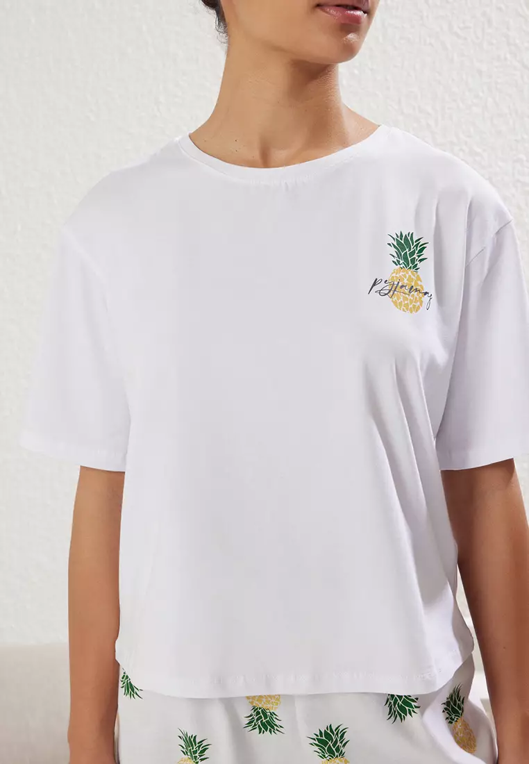 White Pineapple Patterned Shorts Knitted Pajama Set