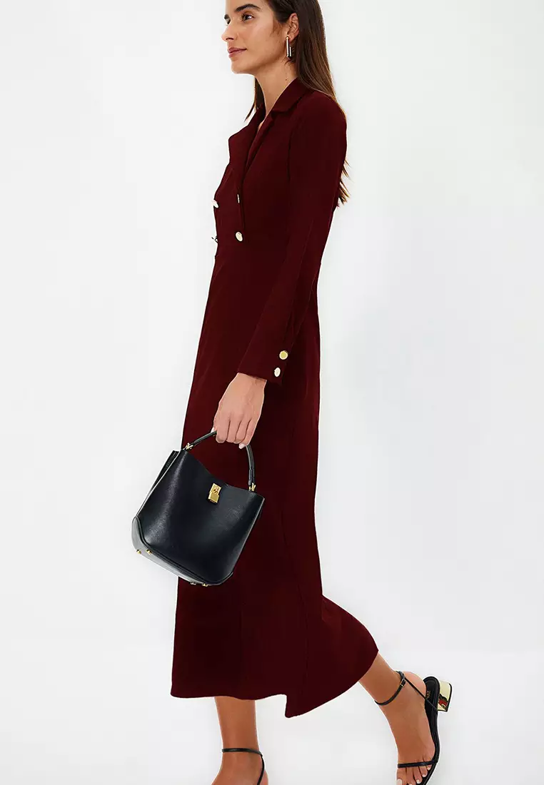 Burgundy Double Breasted Collar With Gold Button Detail Woven Dress Tctss24Eb00020