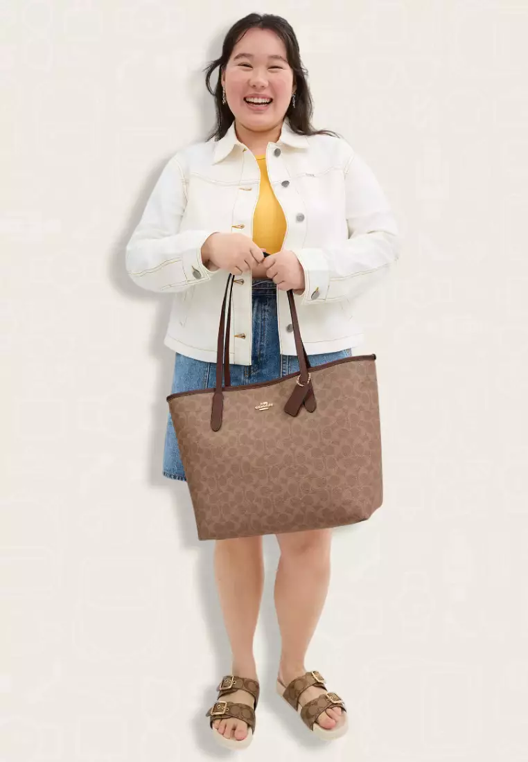 Coach City Tote Bag In Signature Canvas Tan Brown