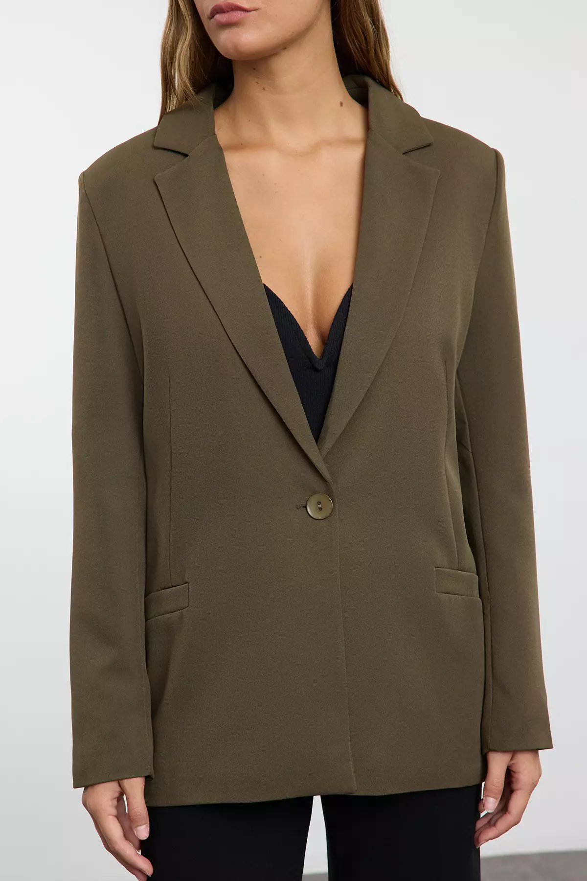 Dark Khaki Regular Lined Detailed Woven Blazer Jacket