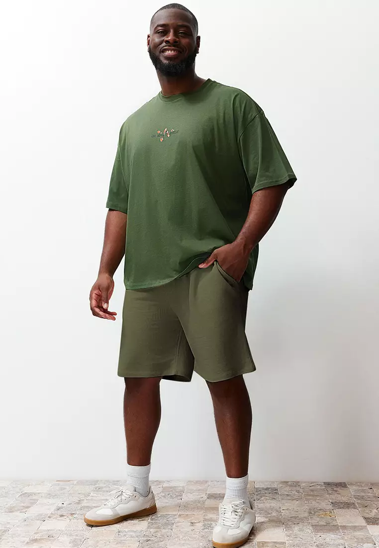 Plus Size Khaki Regular/Normal Cut Comfortable 100% Cotton Basic Shorts TMNSS24AP00001