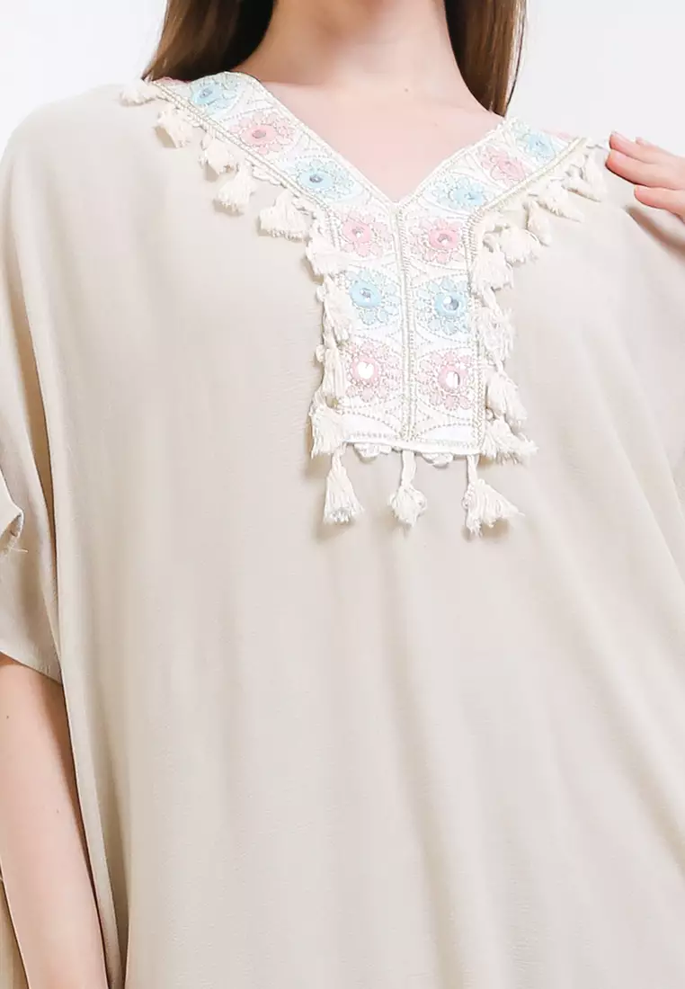 Mirror Work Tassel Detail Emb Crinkle Cotton Kaftan