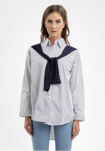 Stripe Shirt with Scarf in Grey
