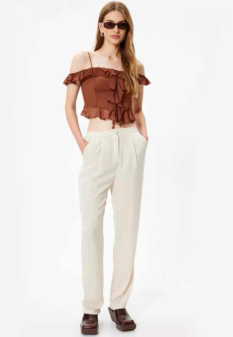 Carrot Cut Fabric Trousers Aerobin Satin Pocket Pleated Detailed