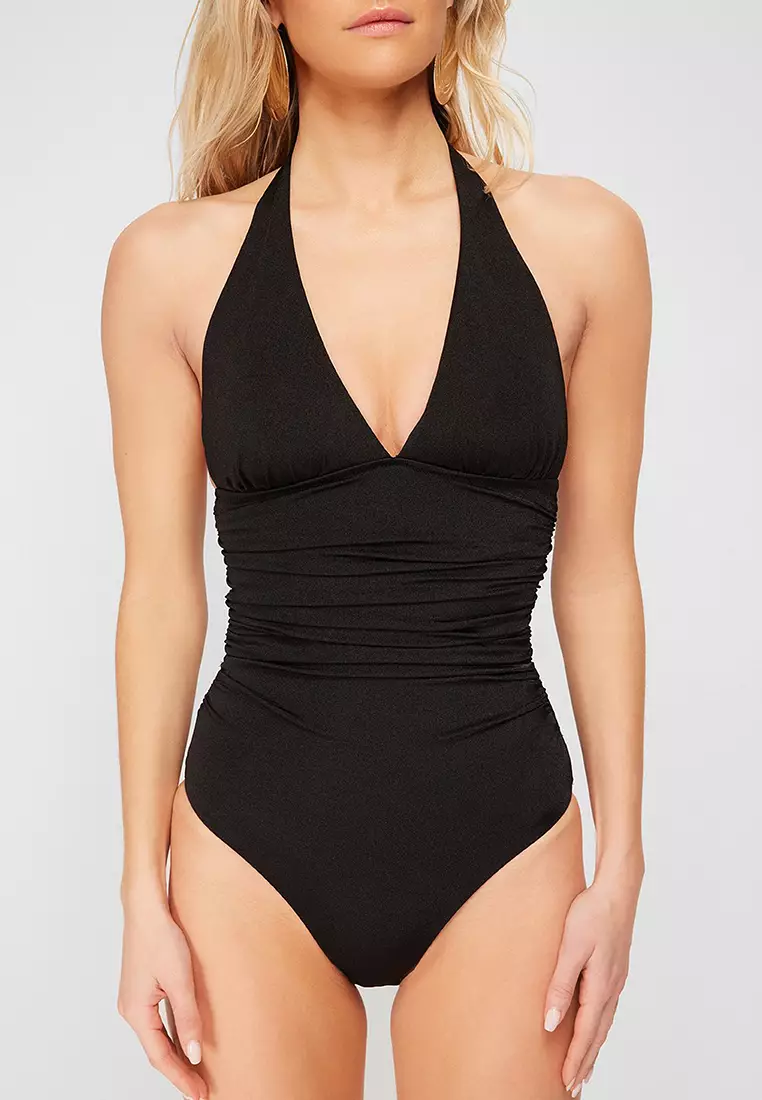 Black V Neck Compression Regular Swimsuit Tbess24Ma00073