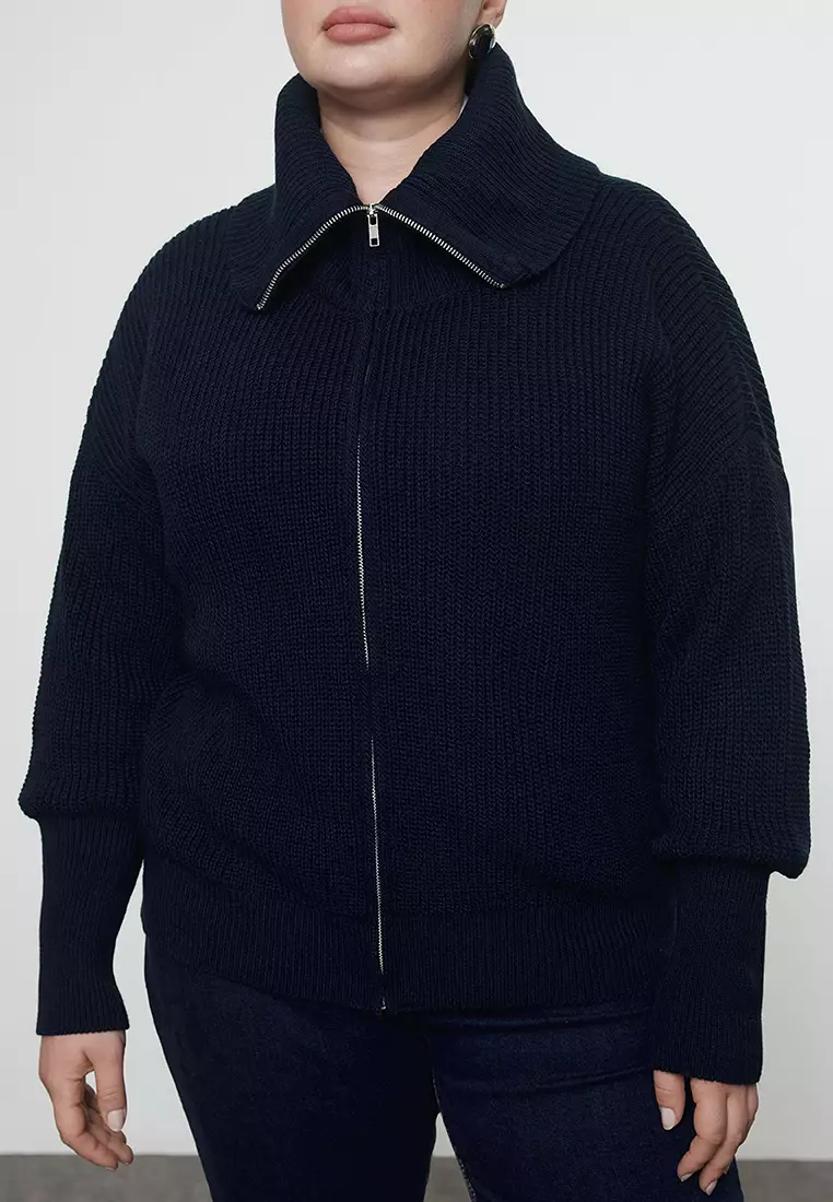 Navy Blue Turn-Down Collar Zippered Crop Knitwear Cardigan Tbbaw25Av00009